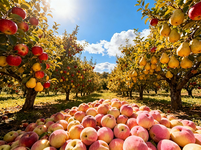 蓝天白云下，丰收的果园没有人物，满地满眼的水果，有苹果树，梨子树，桃子树