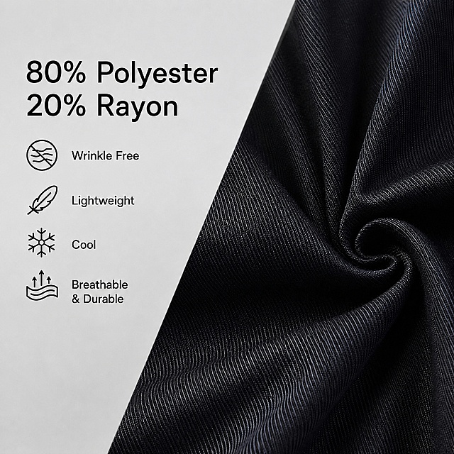 Modify this image: change the text "20% Cotton" to "20% Rayon", keep all other text, icons, fabric texture, layout, color and style exactly the same, do not change anything else. Keep the original image proportion, high definition, clear text. 1:1 ratio, 2048px * 2048px, 2K resolution. Negative prompt: distortion, blurry text, changed layout, changed other content, Chinese characters.