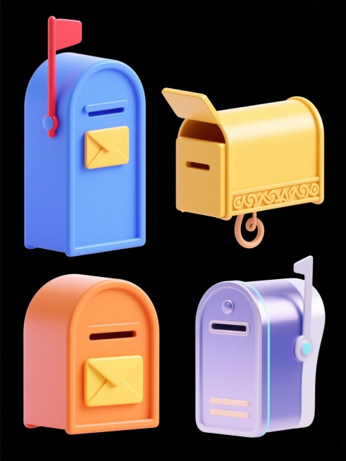 4个不同造型的卡通风格邮箱图标系列，保持3D立体效果、光滑圆润的边缘、明亮饱和的色彩（蓝色、黄色、橙色为主色调）、柔和的高光与阴影表现，每个邮箱都包含黄色信封元素，分别设计成：1. 经典立式邮箱带红色旗标，2. 卧式投递箱带翻盖，3. 悬挂式邮箱带装饰花纹，4. 未来感流线型邮箱，所有邮箱规整排列在纯白色纯色背景上，保持统一的卡通3D风格和视觉质感，无文字信息。预览效果