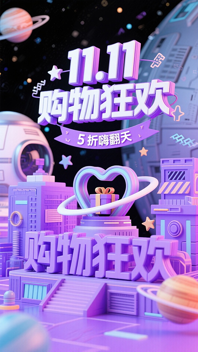 以紫色机械风为主色调，前景是立体字组成的醒目太空风建筑， “11.11购物狂欢” 立体大字（白与紫渐变，配星球、星星、乱码等装饰）及下方 “5 折嗨翻天” 横幅；中间有宇宙形状装置（内有礼物）；背景是太空舱