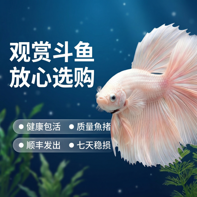 [主图 3]
[主图主题] 粉白婚纱泰国斗鱼服务承诺展示
[氛围/风格] 简约干净信任感，水族原生氛围
[画面元素] 粉白婚纱泰国斗鱼位于画面右侧展示完整姿态，左侧留白放置服务文案，背景是纯净深蓝色渐预览效果