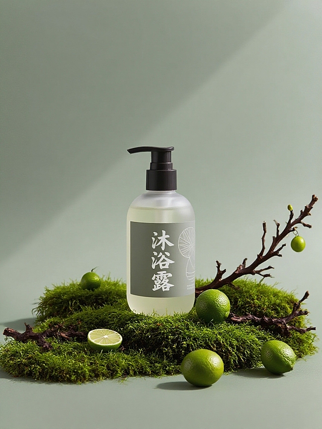 商业静物摄影。主体放在错落的青苔上，旁边散落几个切开的小青柠和乌木枝点缀，灰绿色背景。简约高级的商业打光。