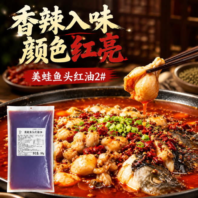 淘宝电商主图，美蛙鱼头红油应用场景，展示做好的美蛙鱼头火锅成品，红亮汤汁，突出红油使用效果，配文字“香辣入味，颜色红亮”，美食餐饮背景预览效果