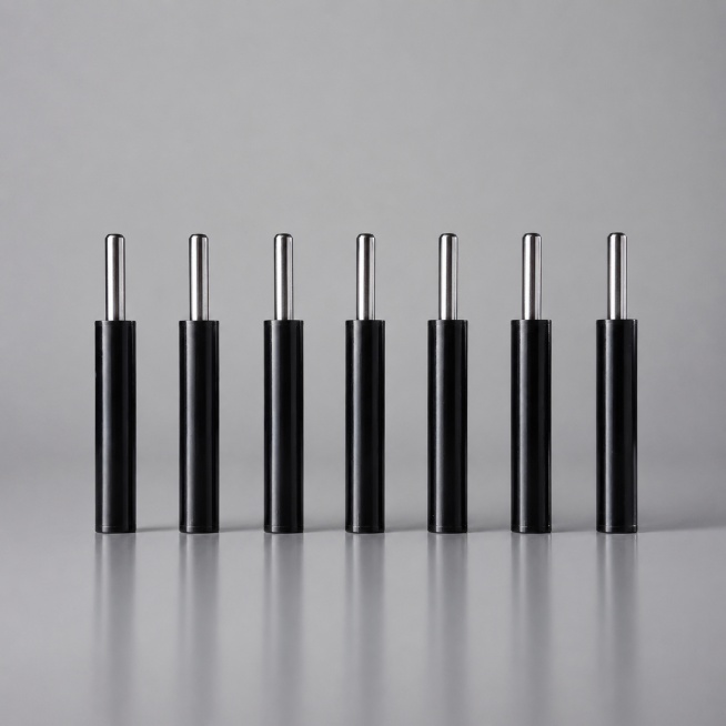 [主图-2] MICRO R12弹簧电商主图，要求背景简洁纯净的银灰色，不要添加任何文字，保持产品主体外观、尺寸、黑壳银杆材质质感与输入产品图一致，杜绝变形色差。将七只相同规格弹簧整齐居中排列，商品主预览效果