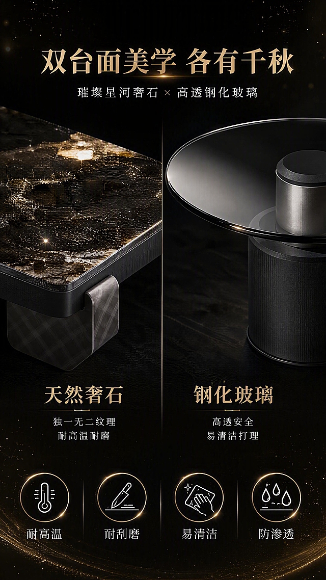 [第4张] 详情页台面亮点页-璀璨星河奢石纹理与钢化玻璃台面质感展示。本张使用【图1】，左侧展示主茶几奢石台面，右侧展示边几钢化玻璃台面。
[氛围/风格] 高端材质展示风，璀璨奢华，商业摄影级质感，突出台面材质特性。
[元素布局] 画面上半部分左右分栏：左侧为主茶几璀璨星河奢石台面特写，占比约40%，展示天然石纹与晶体光泽；右侧为边几钢化玻璃台面特写，占比约40%，展示玻璃通透感与边缘处理；下半部分为材质性能说明区；背景为深邃黑色渐变，点缀星光粒子效果；保持奢石纹理颜色、玻璃透明度、产品结构与输入产品图完全一致。
[光影质感] 顶部聚光打亮台面，奢石表面呈现璀璨晶体反光，玻璃台面呈现通透高光边缘，光影对比强烈，质感高级。
[配色色系] 全局底色深邃黑#1A1A1A；主色奢石天然纹理+透明玻璃；辅助色金色星光点缀；点缀色白色文字。
[视角构图] 俯视特写视角，左右双台面对比展示，阅读动线上方标题→中部双材质→下方性能说明。
[文字版式] 顶部居中标题+中部左右材质对比+底部性能标签。主标题「双台面美学 各有千秋」，副标题「璀璨星河奢石 × 高透钢化玻璃」；左侧奢石区标注「天然奢石 独一无二纹理 耐高温耐磨」；右侧玻璃区标注「钢化玻璃 高透安全 易清洁打理」；底部4个圆形性能图标「耐高温」「耐刮磨」「易清洁」「防渗透」；文字清晰有层次。
[比例分辨率] 9:16竖版比例，4K分辨率，文字清晰可辨，高清画质。
[负向提示词] 材质失真，颜色偏差，水印，文字错乱，玻璃反光不自然，奢石纹理模糊，产品变形。