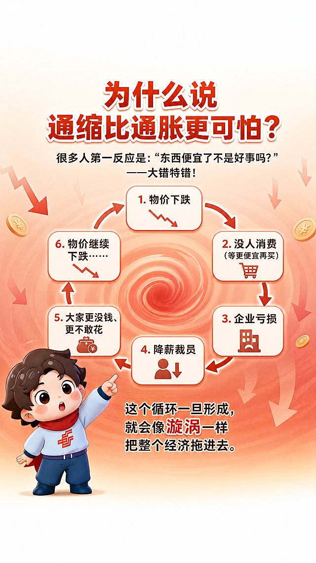金融科普长图文第三页，主题「通缩恶性循环」。画面上方留空白区域用于后期添加logo，下方留空白区域用于后期添加风险提示。顶部大标题「为什么说通缩比通胀更可怕？」，下方小字引导语「很多人第一反应是：'东西便宜了不是好事吗？'——大错特错！」。画面中央是一个圆形的恶性循环流程图，用箭头连接六个环节形成闭环：1.物价下跌 2.没人消费（等更便宜再买） 3.企业亏损 4.降薪裁员 5.大家更没钱、更不敢花 6.物价继续下跌……。每个环节用圆角方框表示，箭头清晰，文字易读。流程图下方配文：「这个循环一旦形成，就会像漩涡一样把整个经济拖进去。」画面左下角放置蓝衣红围巾小男孩IP形象（棕色卷发，浅蓝色上衣，红色围巾），男孩做惊讶表情，手指向流程图。背景为浅红色到橙色渐变，带有漩涡、向下箭头等视觉元素暗示恶性循环。整体风格活泼科普，文字间隙大，流程图清晰明了，3D卡通IP。