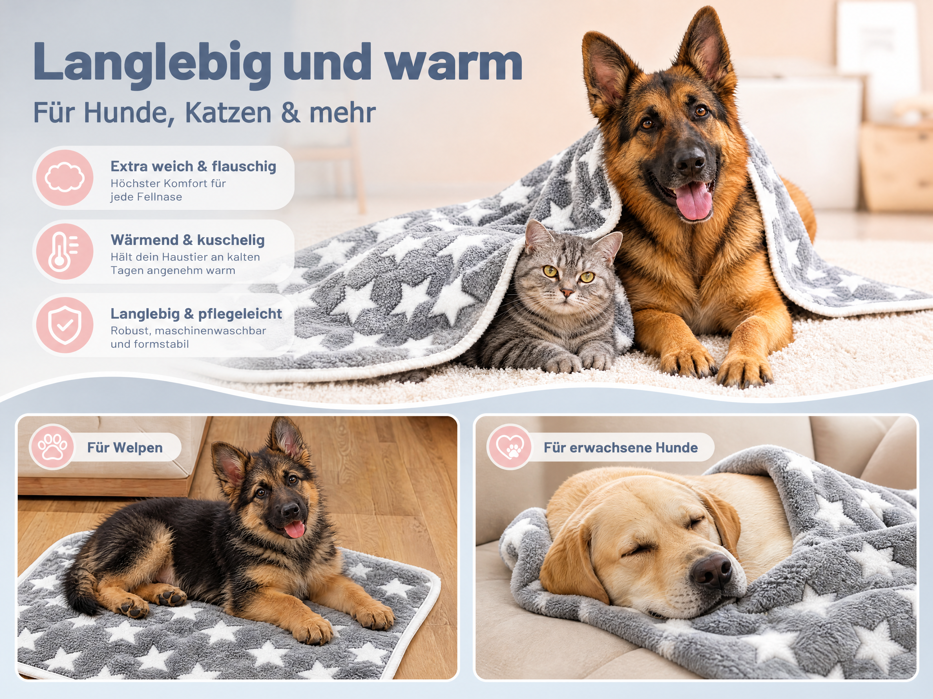 [商品] 使用【图5】德国牧羊犬+欧洲短毛猫共裹灰底白星宠物毯… - 图片创意预览