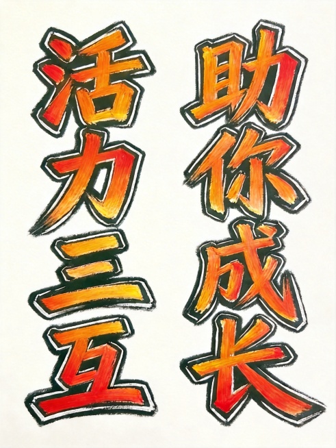 将所有八个字的颜色都修改为橙红色渐变，保留原设计：纯白色背景，竖版双列排列，八个字"活力三互助你成长"，保持黑板粉笔手绘风格，保留白色外轮廓和粗壮笔触，仅将左侧蓝色字体统一改为橙红色渐变，和右侧颜色一预览效果