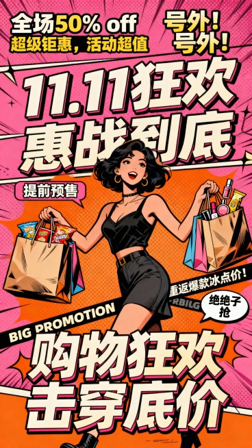 潮流复古漫画风格海报，高饱和粉、橙、黑色为主色调，视觉冲击力强，画面丰富有层次。上方中等大小字体显示“全场 50% off”“超级钜惠，活动超值”，搭配稍大字体的“号外！号外！”吸睛标语；中间大号艺术预览效果