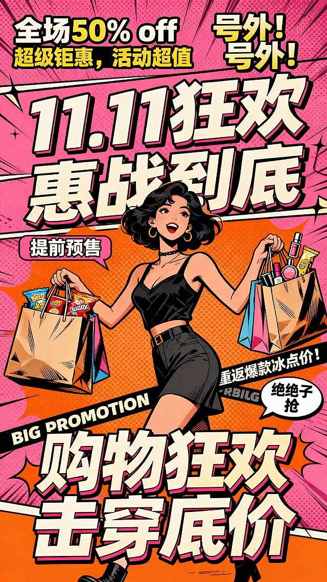 海报设计：采用潮流复古漫画风格，以高饱和粉、橙、黑为主色调打造强烈视觉冲击，画面布局丰富且有层次：上方用中等大小字体设置 “全场 50% off”“超级钜惠，活动超值” 等促销文字，搭配稍大字体的 “号外！号外！” 吸睛标语；中间用大号艺术字突出 “11.11 狂欢”“惠战到底”，营造热烈围绕双11大促主题，进行主视觉或组素材的视觉创作