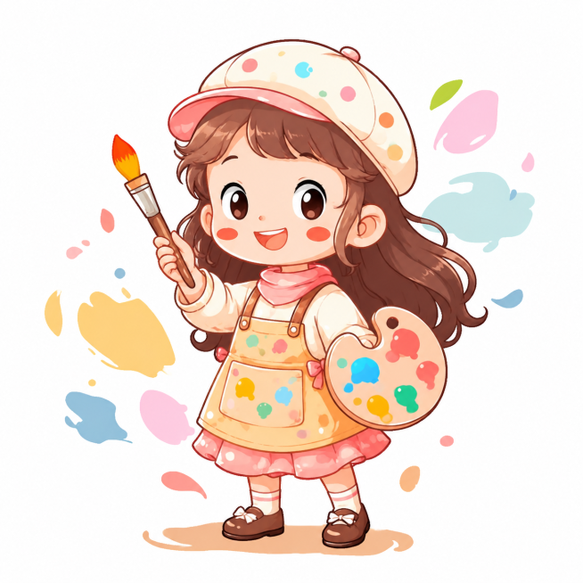 参考图片的可爱卡通插画风格，生成一个拿画笔和调色盘的女孩画家，保留马卡龙色颜料泼溅背景，白色底预览效果
