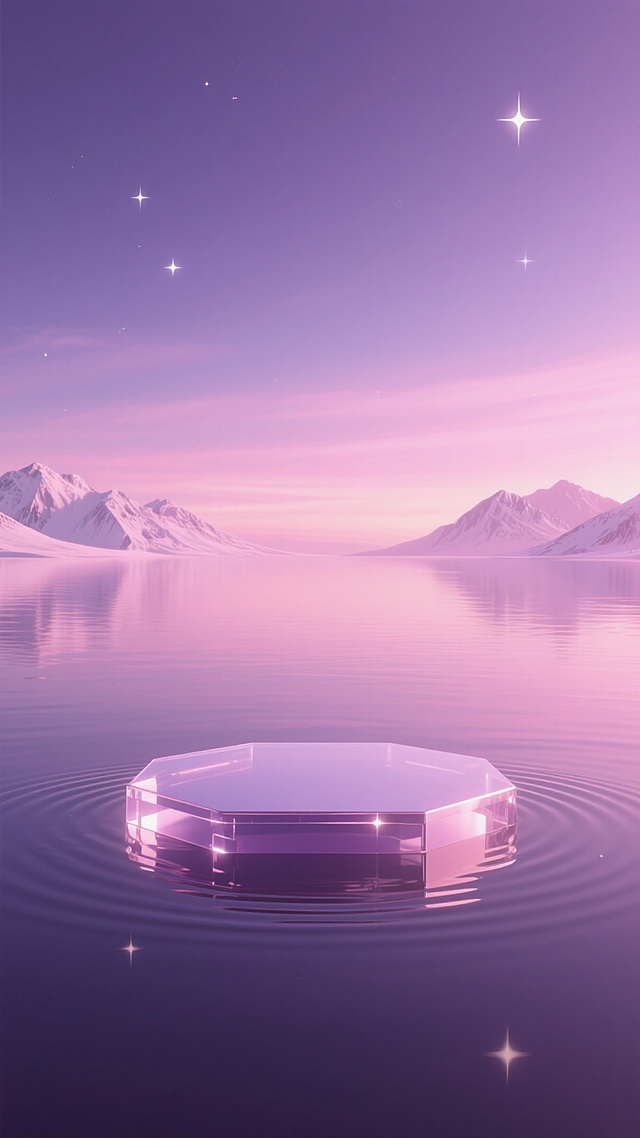 极简主义3D渲染风格，宁静神秘的氛围，湖面中央漂浮着一个表面光滑的六边形水晶平台，平台边缘有柔和的光晕，水面倒映着平台的轮廓和涟漪，远处是被柔和的粉色霞光笼罩的连绵雪山，天空呈现出从深紫到浅粉的渐变色彩，点缀着几颗明亮的星辰，整体色调以粉紫色为主，光影柔和，画面构图对称平衡，具有超现实的静谧美感。