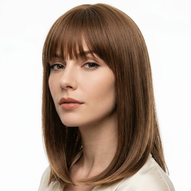 图中的棕色齐刘海中长发女士假发主体特征不变，欧美女性佩戴该假发，8K超清写实风格，电影级顶级质感，纯白背景，和已生成的2张图角度都不同预览效果