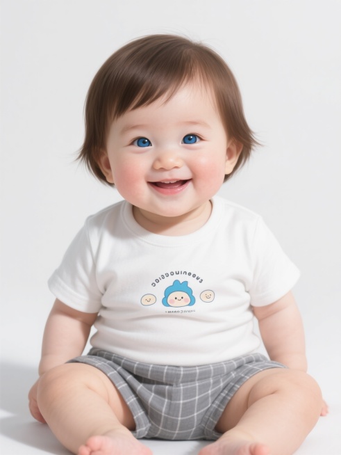 超写实风格婴儿肖像，正面坐姿，棕色短发，明亮蓝色大眼睛，圆润脸颊，嘴角微扬露出可爱笑容，穿着白色短袖T恤（印有卡通图案和文字元素）与灰色格纹短裤，皮肤白皙细腻有光泽，光线柔和均匀来自前方，阴影自然过渡，构图居中，背景纯白色，整体画面清晰明快，展现婴儿天真无邪的神态与精心搭配的服饰装扮细节。预览效果