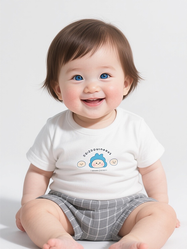 超写实风格婴儿肖像，正面坐姿，棕色短发，明亮蓝色大眼睛，圆润脸颊，嘴角微扬露出可爱笑容，穿着白色短袖T恤（印有卡通图案和文字元素）与灰色格纹短裤，皮肤白皙细腻有光泽，光线柔和均匀来自前方，阴影自然过渡，构图居中，背景纯白色，整体画面清晰明快，展现婴儿天真无邪的神态与精心搭配的服饰装扮细节。