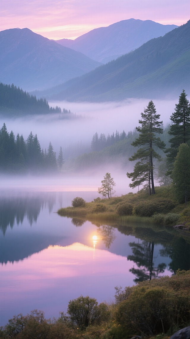 晨曦下的山间湖泊，湖面平静如镜倒映着粉紫色的朝霞与远处连绵的青山，湖岸生长着低矮的灌木与几棵挺拔的松树，晨雾如轻纱般在林间与水面缓缓流动，阳光透过薄雾洒下柔和的金色光斑，整个场景呈现出宁静、清新而梦幻的氛围，色彩以蓝紫、青绿和金色为主，光影柔和过渡，构图采用三分法，前景为湖岸植被，中景为开阔湖面，远景为层叠山峦，整体画面具有高度的写实感和细腻的质感表现。