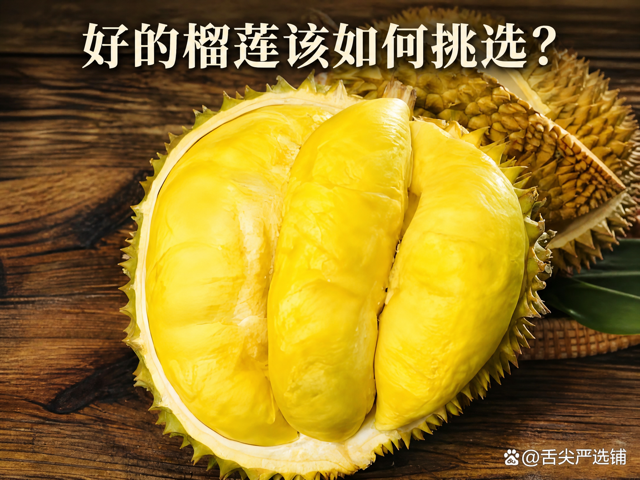在已有榴莲图片基础上，添加居中标题"好的榴莲该如何挑选？"，图… - 图片创意预览