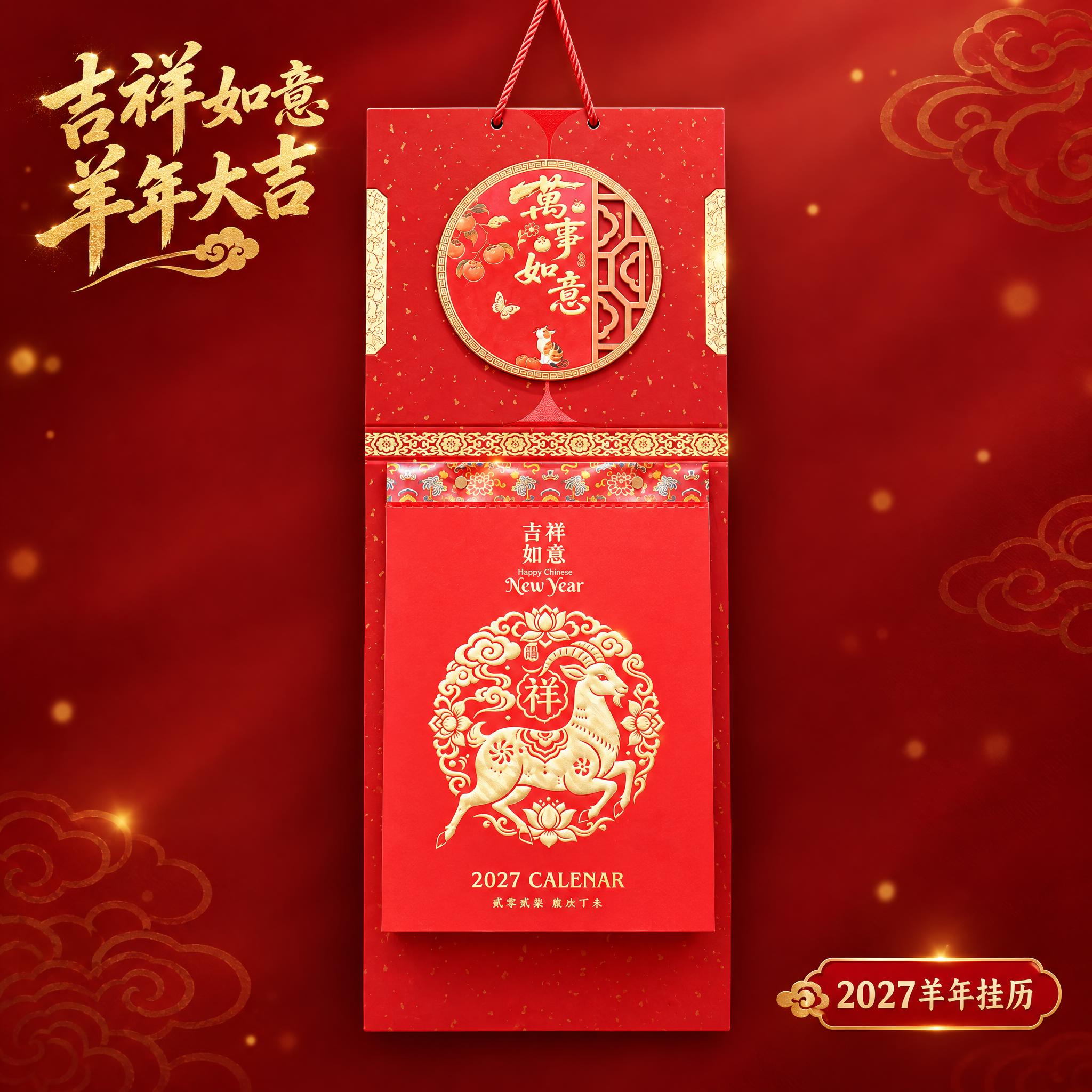 吉祥如意羊纹挂历单独展示，淘宝主图规格高清图。产品居中悬挂展示… - 图片创意预览
