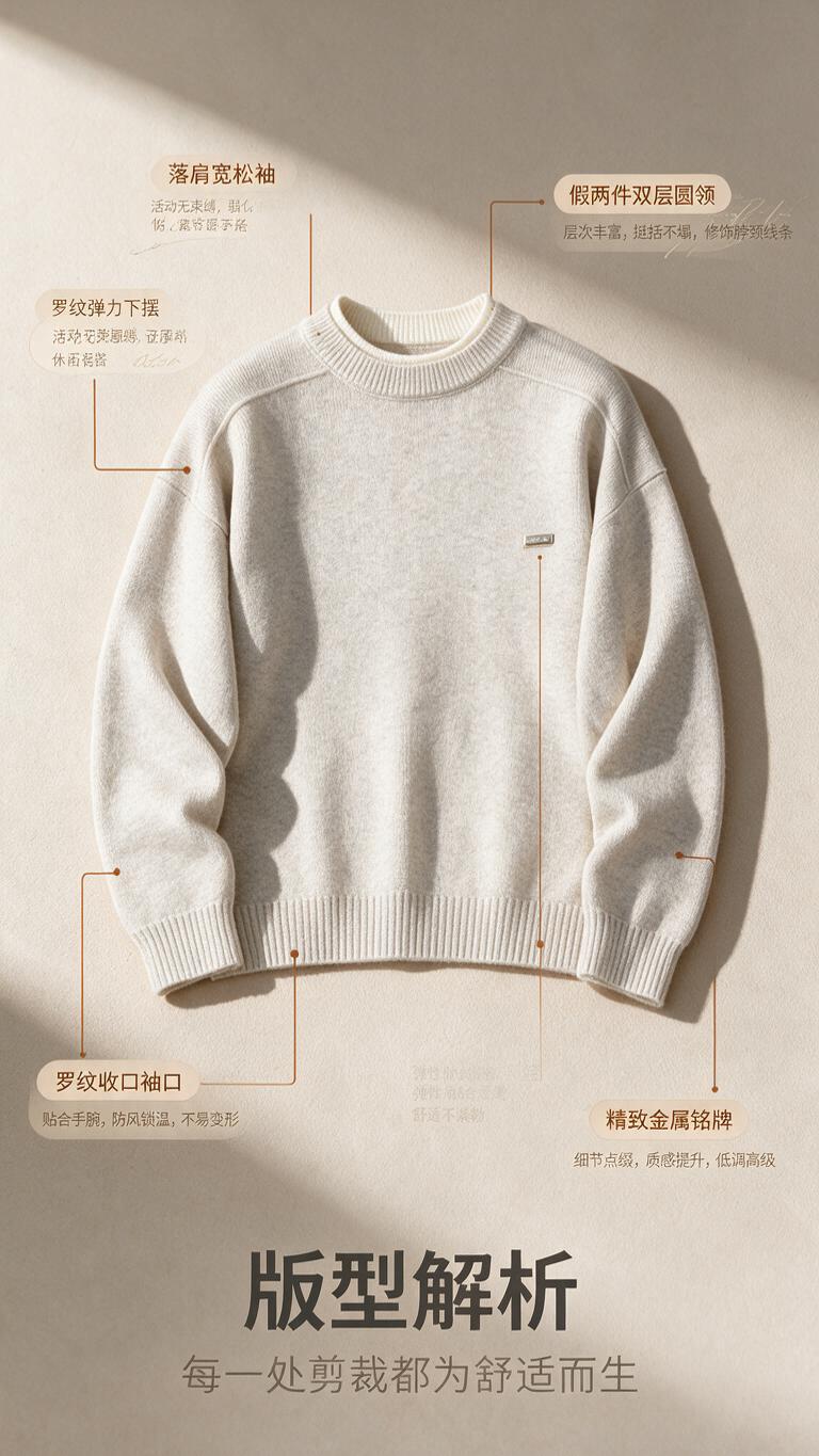 [商品] 使用【图1】米杏色假两件圆领针织毛衣；商品处理：保留… - 图片创意预览