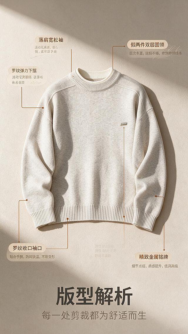 [商品] 使用【图1】米杏色假两件圆领针织毛衣；商品处理：保留假两件双层圆领、落肩袖、胸前小金属标、罗纹下摆与袖口、米杏花纱颜色和针织面料；自然去除衣身杂乱褶皱，理顺垂坠，增强针织纹理、缝线和五金标质感，不改变版型和结构。
[画面] 目标为版型解析页，展示毛衣结构与版型优势。竖版9:16构图，毛衣正面平铺居中，占画面约55%。从领口、肩线、袖口、下摆、胸前金属标5处引出细线标签，分别标注对应版型特点。背景为浅米色哑光台面，下方留白放置标题与补充说明。
[视觉] 套系策略：风格=轻熟通勤高级杂志风；标题字=现代无衬线粗体（思源黑体Heavy）；正文字=简洁无衬线体（思源黑体Regular）；主色=米杏色；背景延展=基于米杏色做深浅层级、同色渐变和细腻织物/哑光墙面质感；强调色=焦糖棕，仅用于小面积图标、引线和标签；标题色=深炭灰；正文色=中暖灰；组件=圆角浅底信息卡、细线引线、手写英文小字装饰；光影=左前侧暖柔光，柔和自然阴影。
[文字] 底部主标题「版型解析」，副标题「每一处剪裁都为舒适而生」。5处引线标签分别为：假两件双层圆领、落肩宽松袖、罗纹收口袖口、罗纹弹力下摆、精致金属铭牌。每个标签含结构名+1句体验描述。所有文字横排，引线不遮挡毛衣关键结构。
[规格] 图片比例9:16竖版，分辨率1K，避免变形、错字、文字过小、冷蓝/蓝灰背景、衣服颜色改变、版型失真、极限词、平台Logo水印。