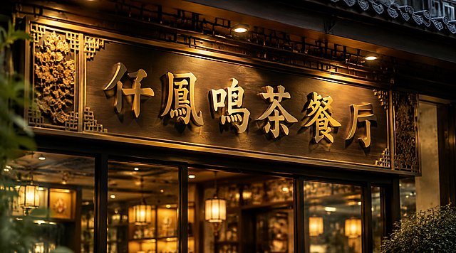 写实商业摄影风格，茶餐厅店招设计，横版构图。画面呈现港式茶餐厅门头实景：木质招牌底，金色立体字"仟鳳鸣茶餐厅"，字体大气醒目，新中式风格。招牌两侧有精致的中式雕花装饰，暖黄色灯光打在招牌上，营造温馨高级的氛围。背景是茶餐厅玻璃门窗的虚化效果，可以隐约看到店内暖光。整体写真写实，质感真实，像真实拍摄的店铺门头。无任何优惠字眼、地址、电话、二维码等信息。版式精美，品牌感强。