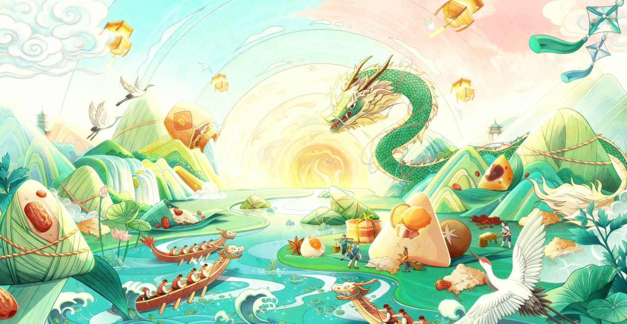 移除画面中心的“粽享端午”文字和红色印章，保留原国潮插画风格、绿色青龙、龙舟赛、粽子、山水风景等所有其他元素，保持画面整体构图和色调不变，填补去除文字后的中心区域画面，保持整体协调自然预览效果