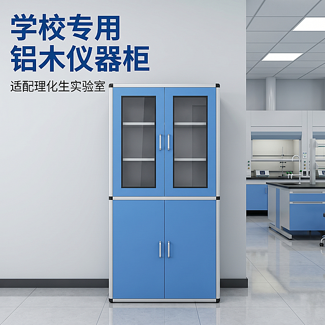 [主图 1] 学校实验室场景中的铝木仪器柜产品首图。
[氛围风格] 专业整洁的学校实验室环境，干净实用的教学设备风格；
[画质] 商业摄影质感、光线柔和通透、产品清晰真实、画面干净高级。
[元素] 铝木仪器柜放置在现代化学校实验室的靠墙位置，柜子整体完整呈现，浅蓝色柜身搭配银色铝合金边框，上部门玻璃下部门实门的四开门结构清晰展示。背景可见干净的实验台面和浅色墙面，地面为防滑实验室地砖。保持产品外观、结构、颜色与输入产品图绝对一致，杜绝任何变形和色差，精细化处理。商品主体占比严格控制在 70%左右，画面满屏无边框。
[光影] 实验室顶部均匀的荧光主光，光线明亮柔和，柜体侧面和底部带自然阴影，整体无强烈明暗反差，清晰展示产品轮廓和材质；背景光影柔和，不抢主体。
[配色] 主色调为仪器柜浅蓝+铝合金银，背景为浅灰白实验室配色，干净协调。
[视角构图] 平视正面视角，产品完整居中，景深适中，轮廓完整不裁切。
[文字版式] 左上负空间左对齐留安全边距，大字主文案"学校专用 铝木仪器柜"，深蓝色粗体无衬线；下方辅助文案"适配理化生实验室"，字号缩小一半，同色。
[比例分辨率] 1:1 比例，2k 分辨率；文字清晰锐利，画面超高清。
[负向提示词] 变形，水印，文字错乱，产品图模糊，背景杂乱。