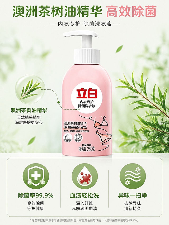 [第3屏] 核心功效解析，展示茶树油精华与除菌优势。本屏使用【图1】作为商品主体。
[氛围/风格] 专业成分解析风，干净简约，清晰可信的品质感。
[元素布局] 产品主体置于画面上半部分，占比约50%；下半部分分三格展示核心功效，每格搭配图标和简短说明，引线标注产品核心成分位置；产品外观与输入图一致。
[光影质感] 顶部柔光，产品纹理清晰，分栏区域光影均匀，整体通透干净。
[配色色系] 全局底色 #F5FBF4；主色浅绿呼应茶树油，辅助柔粉色点缀，深灰文字。
[视角构图] 上下分栏构图，产品在上，功效说明在下，中心对齐，阅读层级清晰。
[文字版式] 顶部主标题「澳洲茶树油精华 高效除菌」；下半部分三个模块：「除菌率99.9%」「血渍轻松洗」「异味一扫净」，每个模块配圆形图标，文字清晰排布，不遮挡产品主体。
[比例分辨率] 3:4 竖版比例，4K分辨率，文字清晰可辨，高清画质。
[负向提示词] 产品变形，文字过小，排版混乱，颜色偏差，包装文字模糊