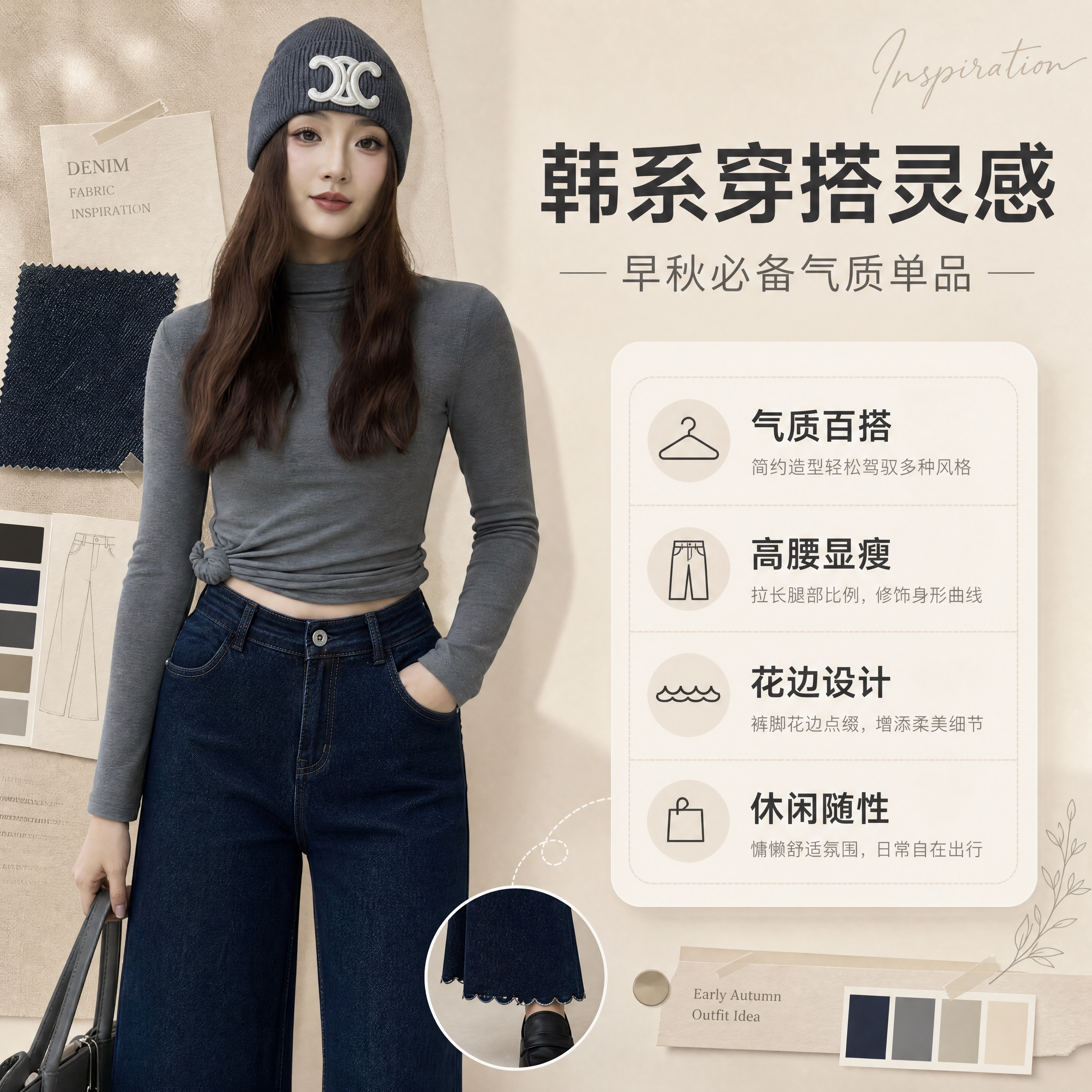 [商品] 使用【图1】深蓝色高腰九分花边牛仔裤；商品处理：保留… - 图片创意预览