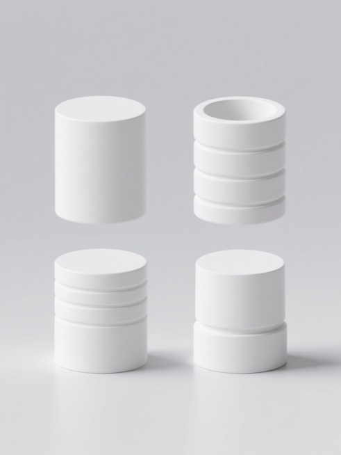 白色纯色背景，极简主义3D渲染风格，系列四个完全不同造型的白色圆柱元素，保持统一的光滑哑光材质、柔和均匀光影、圆润边角处理，分别为：①基础光滑圆柱体、②顶部凹陷弧形圆柱体、③表面环绕水平凹槽圆柱体、④底部渐缩收腰圆柱体，四个圆柱元素等距规整排布成2×2矩阵，整体画面简洁干净，无任何文字、LOGO及多余装饰。预览效果