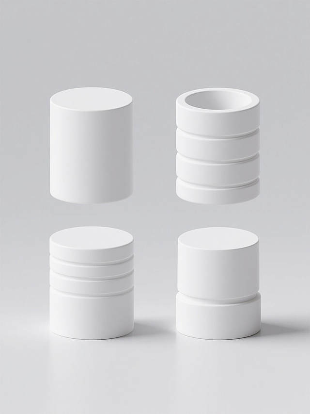 白色纯色背景，极简主义3D渲染风格，系列四个完全不同造型的白色圆柱元素，保持统一的光滑哑光材质、柔和均匀光影、圆润边角处理，分别为：①基础光滑圆柱体、②顶部凹陷弧形圆柱体、③表面环绕水平凹槽圆柱体、④底部渐缩收腰圆柱体，四个圆柱元素等距规整排布成2×2矩阵，整体画面简洁干净，无任何文字、LOGO及多余装饰。
