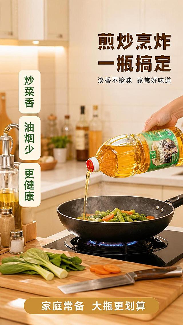 [主图-4] 山茶调和油家庭厨房场景图，烹饪使用场景增强代入感。
[氛围风格] 温馨家庭烹饪场景，暖调烟火气，生活感十足，商业摄影质感。
[画质] 商业摄影质感、光线柔和温暖、产品清晰真实、画面干净有生活气息。
[元素] 山茶淡香型食用植物调和油放在厨房灶台旁的台面上，瓶身完整展示，商品主体占比约50%。旁边是一口正在炒菜的不粘锅，锅里是油亮的时蔬，锅边冒着轻微热气，展示烹饪使用场景。台面上还摆放着切好的新鲜蔬菜（青菜、胡萝卜片）、木质菜板、菜刀、调料瓶等厨房用品，背景是浅色橱柜与瓷砖墙面，温馨整洁。一只手（仅露出手腕与手指局部）正拿着油瓶往锅里倒油的自然动作，手部动作简单自然，避免复杂手指结构。**保持产品外观（即物理结构、材质质感、颜色、标签图案）与输入产品图保持绝对一致，杜绝任何变形和色差，精细化处理**；产品与台面有真实接触阴影，场景光影自然，禁止边缘硬切、悬浮感。
[光影] 厨房顶暖光+灶台侧光，整体温暖明亮，油体有光泽，蔬菜新鲜油亮，热气柔和自然，暗部有层次。
[配色] 主色暖木棕+米白；辅色油亮金黄、蔬菜鲜绿；强调色暖橙。
[视角构图] 平视微侧角度，产品与烹饪场景形成呼应，中景构图，生活感强，背景适度虚化。
[文字版式] 右上负空间右对齐留安全边距，主标题大字“煎炒烹炸 一瓶搞定”，深棕色粗体大号字；下方辅助小字“淡香不抢味 家常好味道”，约半高细黑体。左侧中部竖排三个卖点小卡片：卡片1「炒菜香」、卡片2「油烟少」、卡片3「更健康」，每个卡片圆角设计，米白底绿字。底部“家庭常备 大瓶更划算”暖金底白字横条。
[输出要求] 9:16 比例，文字清晰锐利，超高清商业摄影质感。
[负向提示词] 变形，文字错乱，产品图模糊，背景杂乱，水印，电商平台Logo，多余的手，多余的手指，畸形手，融合手指，手部扭曲，人物面部扭曲，关节反折。