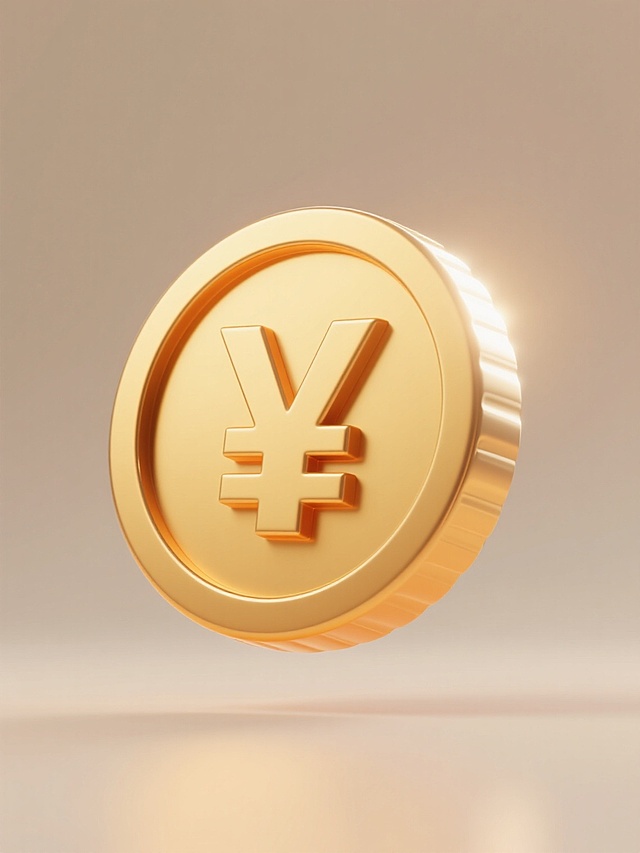 3D立体风格金币图标，简约现代设计，纯色背景，金币表面光滑有金属质感，边缘有高光和反光效果，中心有立体感的¥符号，整体造型规整排布，单个金币悬浮展示，光线从右上角照射形成明亮的光斑和渐变阴影，金色色调从浅黄到橙黄过渡自然，画面干净无多余元素，视觉层级清晰突出金币主体。