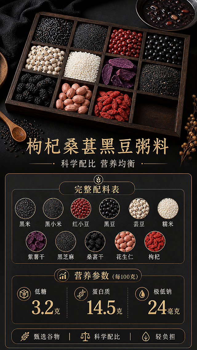 电商分屏详情页，展示枸杞桑葚黑豆粥料完整配料表与营养参数：配料为黑米、黑小米、红小豆、黑豆、芸豆、糯米、紫薯干、黑芝麻、桑葚干、花生仁、枸杞；标注营养数据，每100克含3.2克低糖、14.5克蛋白质、24毫克极低钠，清晰展示科学配比信息，简约深色风格