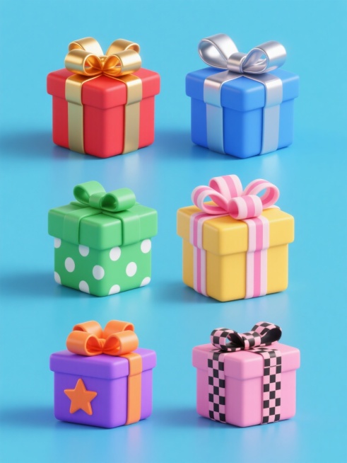 一套6个不同造型的礼品盒系列素材集合，每个礼品盒保持原图的3D立体风格、平滑渐变色彩过渡、细腻光影效果和方正结构，均为纯色背景且规整排布。第一个是红色礼盒配金色蝴蝶结，第二个是蓝色礼盒配银色缎带蝴蝶结，第三个是绿色礼盒配白色波点蝴蝶结，第四个是黄色礼盒配粉色条纹蝴蝶结，第五个是紫色礼盒配橙色星星图案蝴蝶结，第六个是粉色礼盒配黑色格纹蝴蝶结，所有礼盒都具有相同的高光反射和阴影细节，整体色彩协调统……预览效果