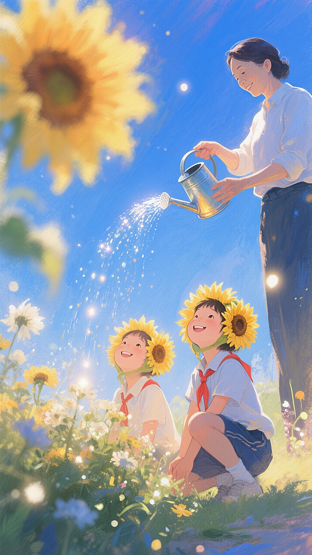 大面积蓝色渐变天空背景。下方远景一位老师提着浇花壶，花壶对着两个小学生（戴向日葵头套，表情愉悦）头顶，学生蹲在花丛边，抬头。唯美治愈氛围。