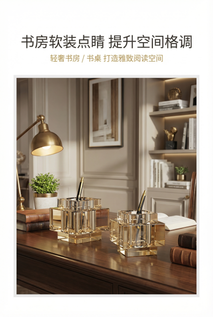 2:3竖版电商详情页第7屏书房场景展示，严格还原图片中的水晶笔筒产品细节，1:1还原产品尺寸比例和香槟金色；主标题「书房软装点睛 提升空间格调」，副标题「轻奢书房 / 书桌 打造雅致阅读空间」；全景展预览效果