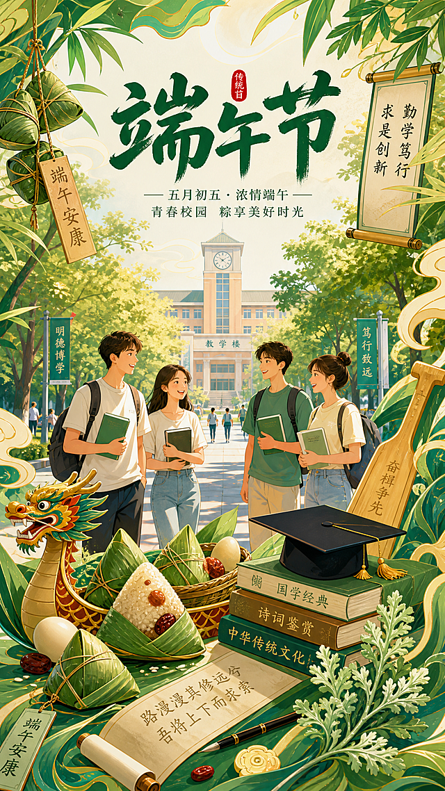 端午节主题国潮插画，大学校园场景融入粽子、龙舟、艾草，装饰元素包含粽子、竹叶、书卷、学士帽、龙舟桨，整体氛围青春活力，传统节日与校园结合，主色调为竹绿+粽叶青+暖黄，明亮清新风格