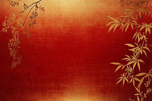 参考图片的红金国风竹影风格，将画面改为横版构图，保持原有的深红色渐变背景、金色竹叶枝叶元素、做旧肌理质感和上下金色光晕效果，整体风格与参考图完全一致，画面高清清晰，细节精致