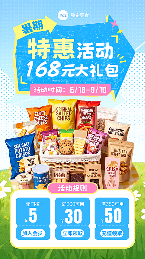 3D立体零食商品零售暑期零食特惠活动促销宣传手机海报竖版海报