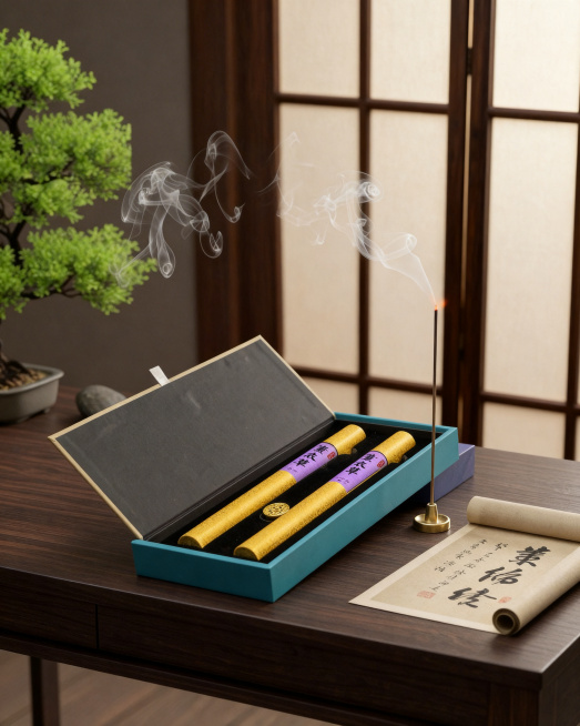 将原图白色桌面背景替换为图1（参考图）中的新中式风格背景，保留第二张图片中薰衣草品牌文字完整可见，点上熏香，熏香长度参考第一张图片中的圆筒长度，添加飘逸的香烟效果，整体风格为新中式，清新时尚，保持产品预览效果