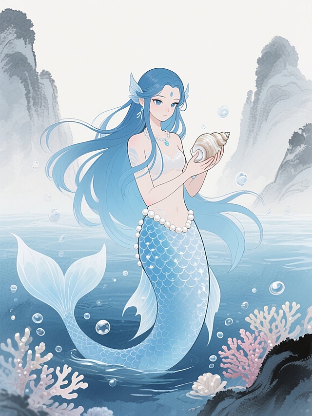 梦幻感与唯美感交织的插画风美人鱼，融合水彩与水墨技法，呈现清新柔和的海底世界，拟人化的海之精灵手持螺壳，宛如仙境。