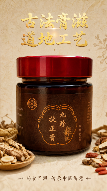 [第7屏] 产品包装细节展示，本屏使用【图1】特写。风格：细节特写质感，突出包装设计。布局：产品瓶身标签居中放大，占画面70%，保持瓶身、瓶盖、标签文字与原图结构颜色一致，背景浅米宣纸，周围点缀少量中预览效果