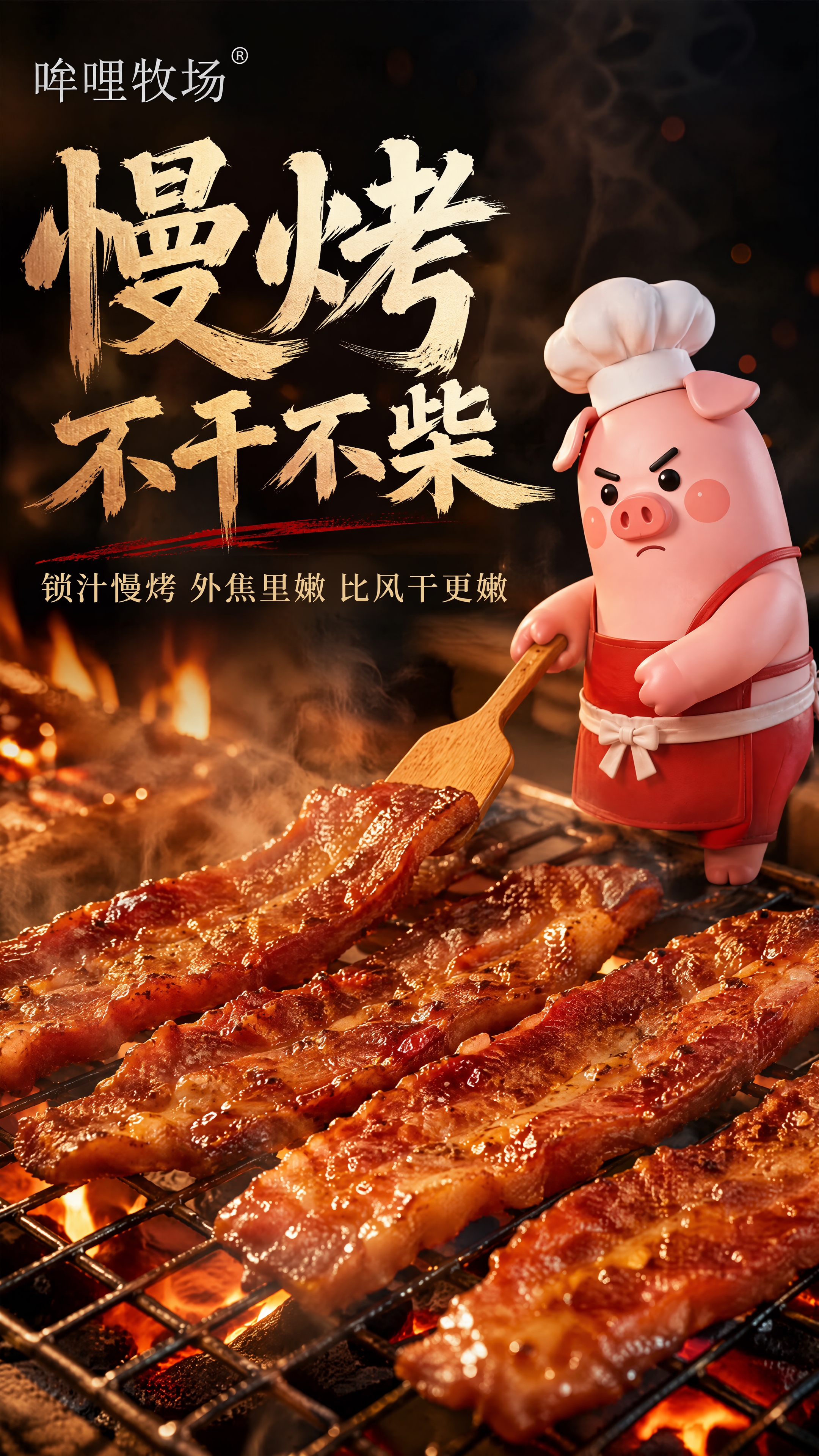 拼多多卖点图，暗调烤架场景，暖橙火光烟火气十足。烤架上长条猪肉… - 图片创意预览