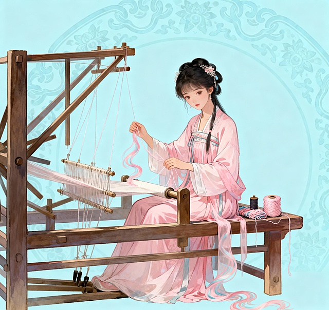 生成一个古风少女做纱线衣服的画面尺寸18x17cm