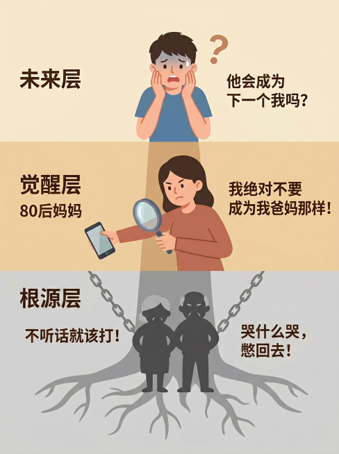 一张家庭教育的科普插画，扁平化矢量风格，温暖的米色背景。画面主体是一个三层的树根结构图。最下层是灰色的根源层，画着一对严厉的老人的剪影，锁链从他们身上向上延伸，旁边写着“不听话就该打！”、“哭什么哭，预览效果