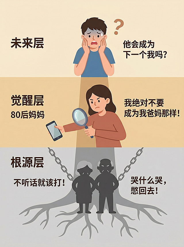 一张家庭教育的科普插画，扁平化矢量风格，温暖的米色背景。画面主体是一个三层的树根结构图。最下层是灰色的根源层，画着一对严厉的老人的剪影，锁链从他们身上向上延伸，旁边写着“不听话就该打！”、“哭什么哭，憋回去！”。中间层是觉醒层，画着一个80后妈妈，左手快要抓住儿子的手机，右手却拿着一个发光的放大镜，挡住了自己，旁边写着“我绝对不要成为我爸妈那样！”。最上层是未来层，画着一个恐惧的青少年，旁边有一个问号，写着“他会成为下一个我吗？”。画面清晰，所有文字清晰可读，整体风格简约温馨。