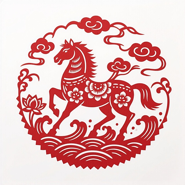 生肖马图腾，红色镂空骏马造型呈踏浪前行姿态，马身装饰水波纹与莲花纹样，周围环绕祥云与如意形水花，对称构图，白色背景。整体呈现清新、灵动的视觉风格。
