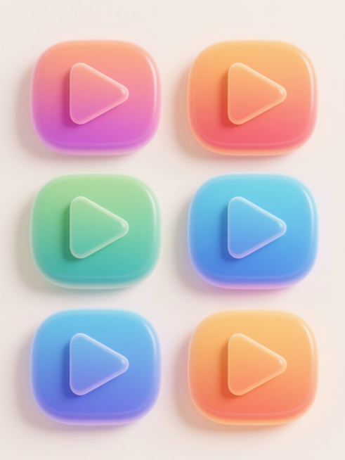 6个不同配色、不同样式、不同材质的「视频播放键」造型图标，采用3D立体设计风格，每个播放键具有光滑渐变的表面质感、柔和的高光和细腻的阴影细节，整体呈现出圆润的边角和现代简约的形态，上下两行各3个整齐对齐排列，背景为浅色，图标之间保持均匀间距，色彩明快和谐，具有清晰的视觉层级和高品质的UI设计感。预览效果