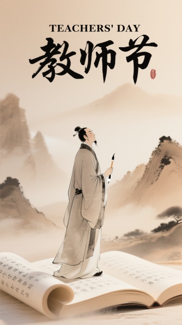 画面构思： 一幅竖版国风插画，主体为一位身着传统长袍、手持毛笔的古代文人形象，立于画面中下部。人物神态庄重而温和，目光远眺，仿佛在思考着传授知识的重任。其长袍线条流畅，衣褶自然，呈现出柔和的质感，体现预览效果